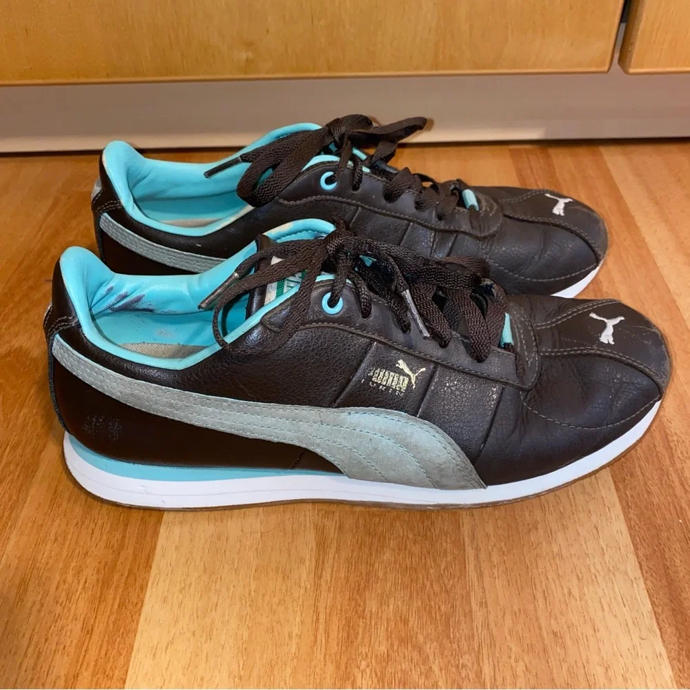 Puma Turin Leather and Suede Chocolate and Aqua Women’s Sneakers 8.5 - Picture 2 of 11